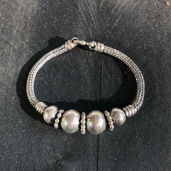 Vintage Sterling Silver Wheat Link Beaded Bracelet - Picture 7 of 15